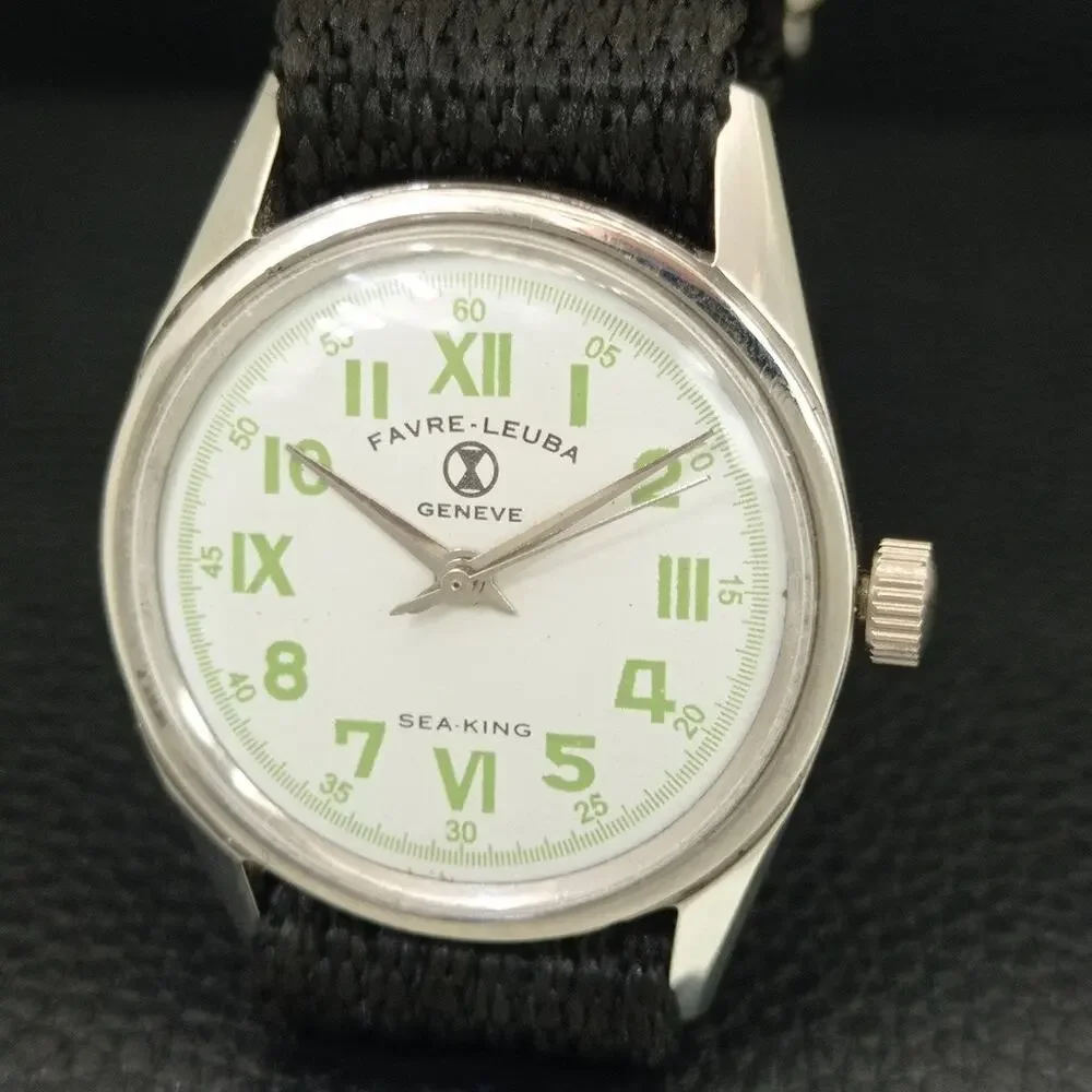 Vintage 1972 Favre Leuba Manual Mens Silver Watch W/Black Strap